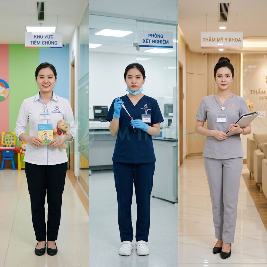 Ba nữ nhân viên y tế mặc đồng phục đứng tại khu tiêm chủng, phòng xét nghiệm và thẩm mỹ y khoa