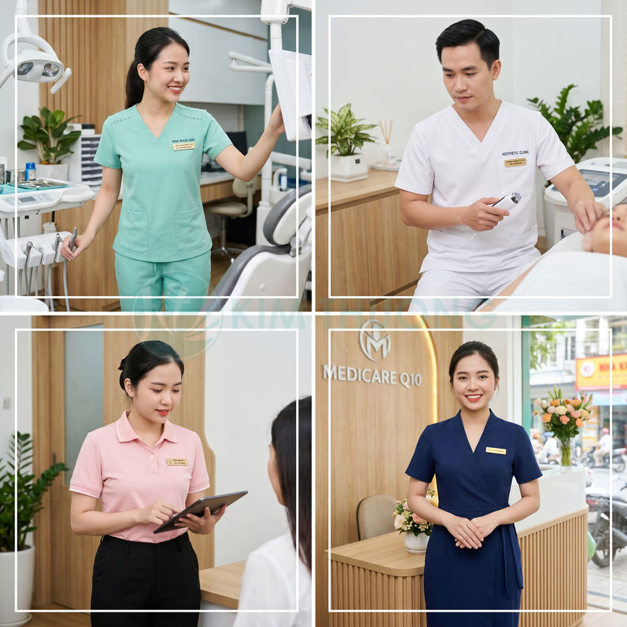 Nhân viên y tế Medicare Q10 tư vấn và chăm sóc khách hàng trong phòng khám hiện đại