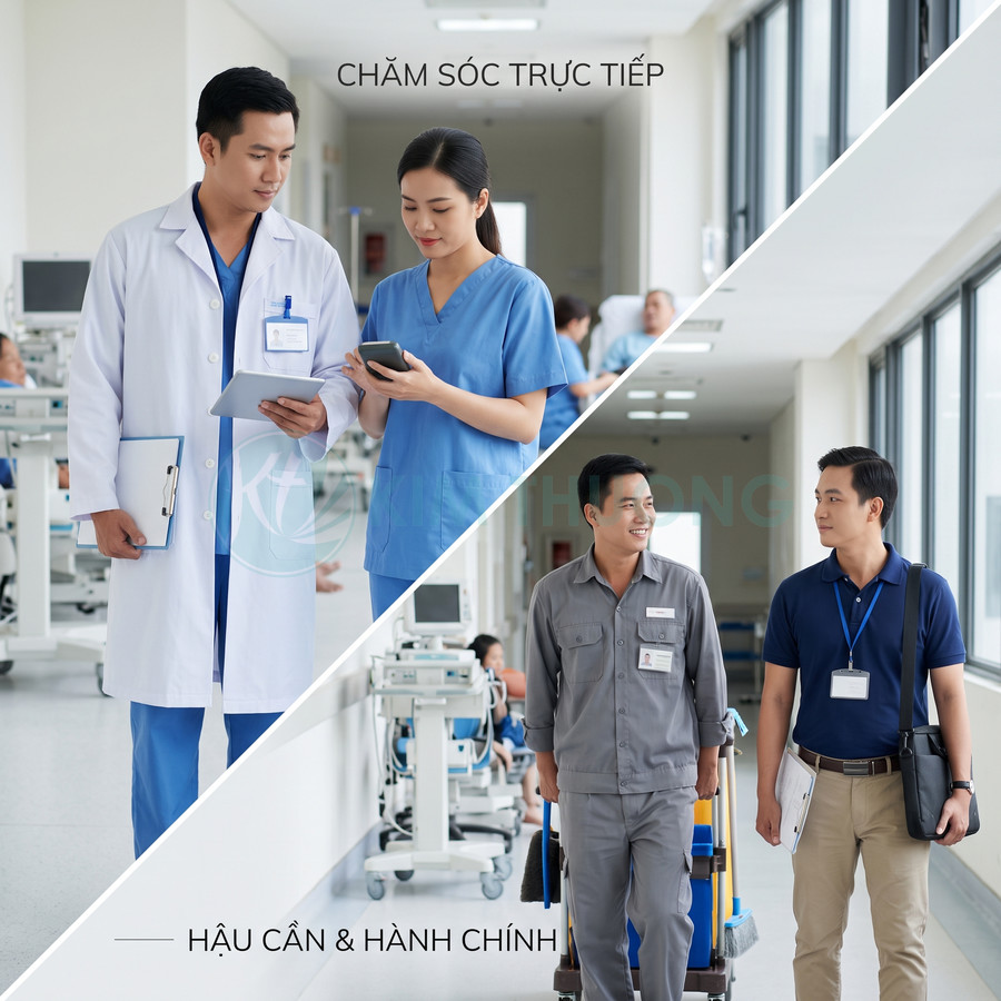 Nhân viên y tế và nhân viên hậu cần hành chính trao đổi công việc trong hành lang bệnh viện