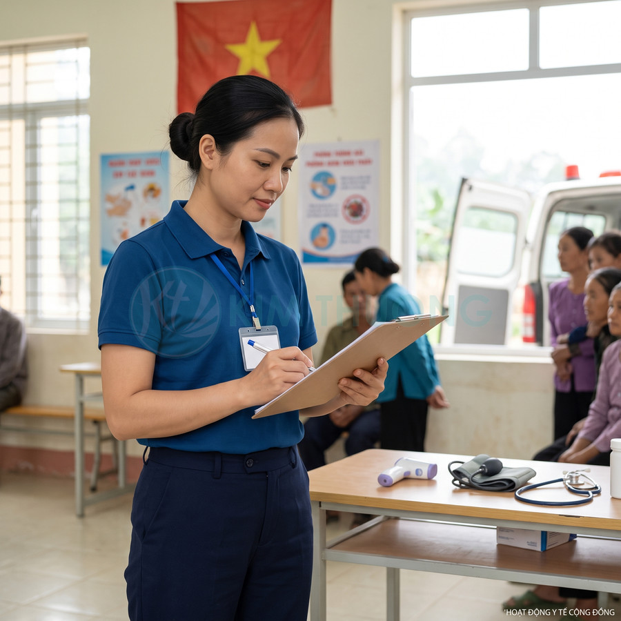 Nhân viên y tế cộng đồng ghi chép trên bảng kẹp hồ sơ bên cạnh bàn đo huyết áp và nhiệt kế điện tử