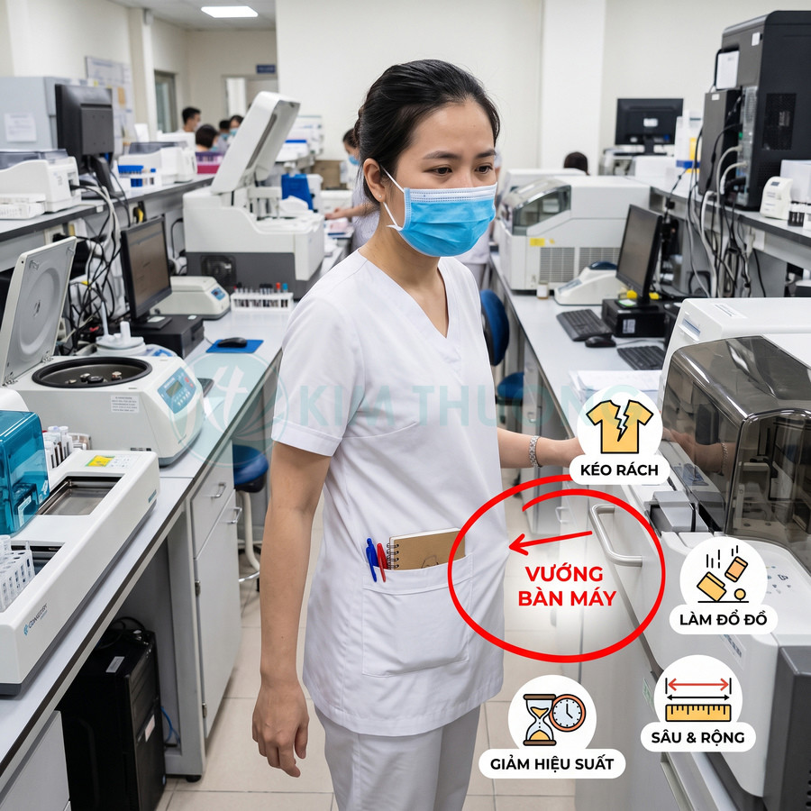 Nhân viên y tế mặc đồng phục trắng đứng cạnh máy xét nghiệm trong phòng lab, túi áo vướng vào cạnh bàn máy