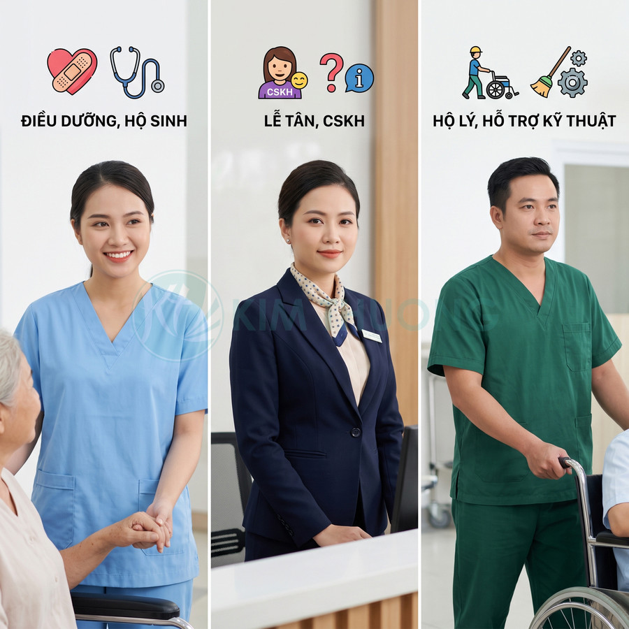 Nhân viên y tế và lễ tân bệnh viện chuyên nghiệp hỗ trợ bệnh nhân ngồi xe lăn