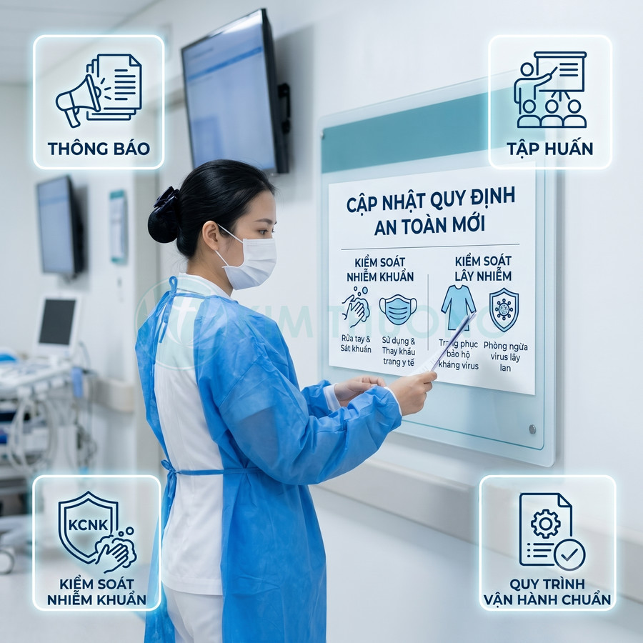 Nhân viên y tế đọc bảng cập nhật quy định an toàn mới về kiểm soát nhiễm khuẩn trong bệnh viện