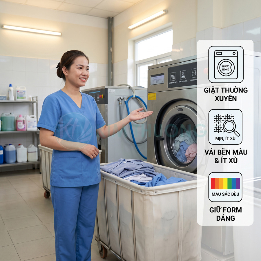 Đồng phục y tá màu xanh chất liệu bền màu ít xù, giữ form dáng tốt khi giặt máy thường xuyên