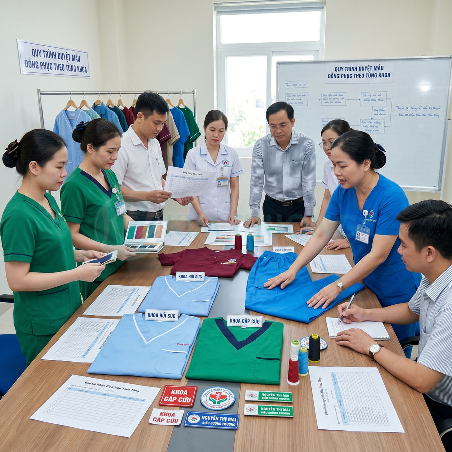 Nhân viên y tế họp bàn lựa chọn mẫu đồng phục bệnh viện với áo blouse và bảng tên trên bàn