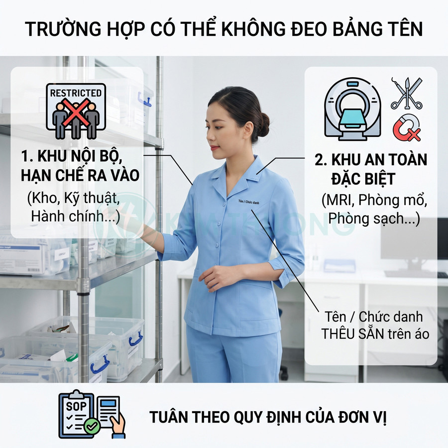 Nhân viên y tế mặc đồng phục thêu sẵn tên chức danh làm việc trong kho nội bộ bệnh viện