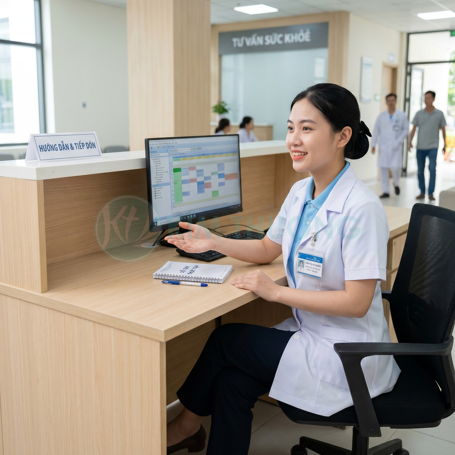 Nhân viên y tế ngồi quầy hướng dẫn bệnh viện, sử dụng máy tính tra cứu lịch khám cho bệnh nhân