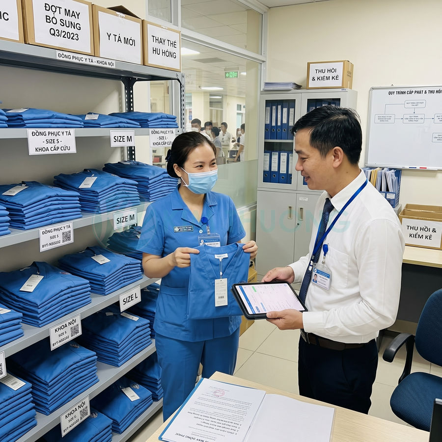 Nhân viên y tế nhận bàn giao đồng phục bệnh viện màu xanh trong kho phát đồ