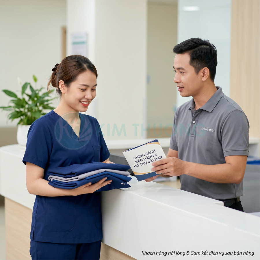 Nhân viên y tế mặc đồng phục màu xanh nhận bàn giao bộ quần áo y khoa mới tại quầy lễ tân