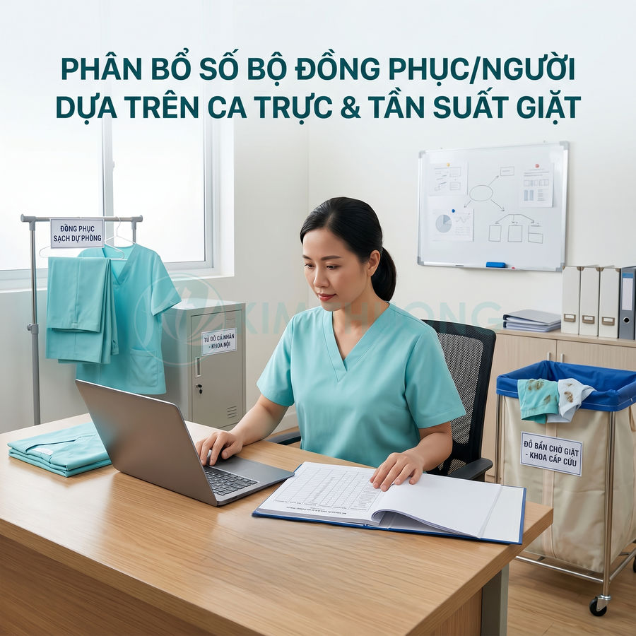 Nhân viên y tế mặc đồng phục bệnh viện màu xanh ngồi bàn làm việc với laptop và sổ theo dõi đồng phục