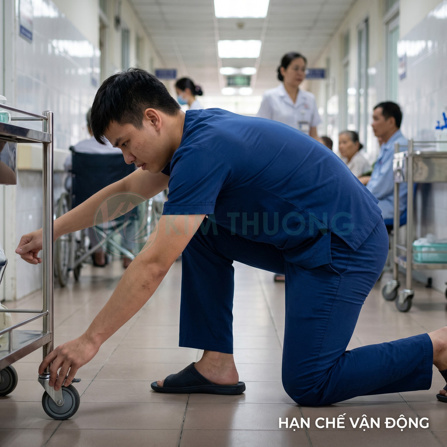 Nhân viên y tế mặc đồ bảo hộ xanh cúi người chỉnh bánh xe xe đẩy trong hành lang bệnh viện