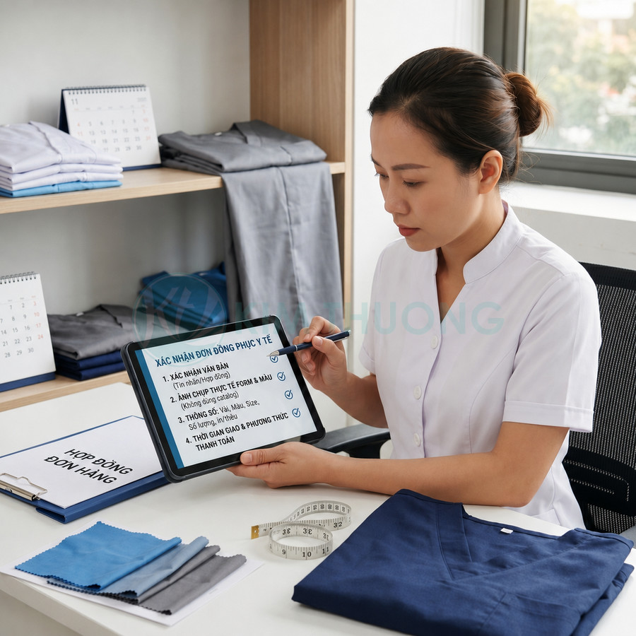 Nhân viên kiểm tra đơn đặt hàng đồng phục y tế trên máy tính bảng bên cạnh mẫu áo và vải may