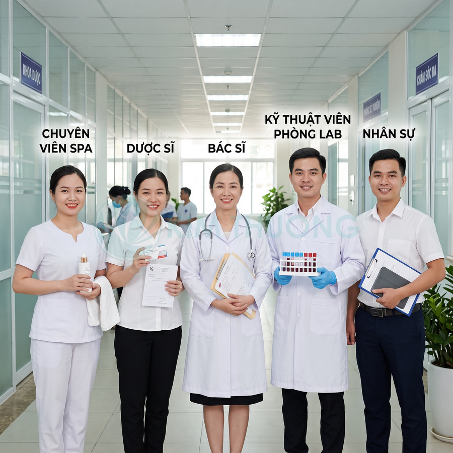 Đội ngũ bác sĩ, dược sĩ, kỹ thuật viên phòng lab và nhân sự y tế đứng trong hành lang bệnh viện