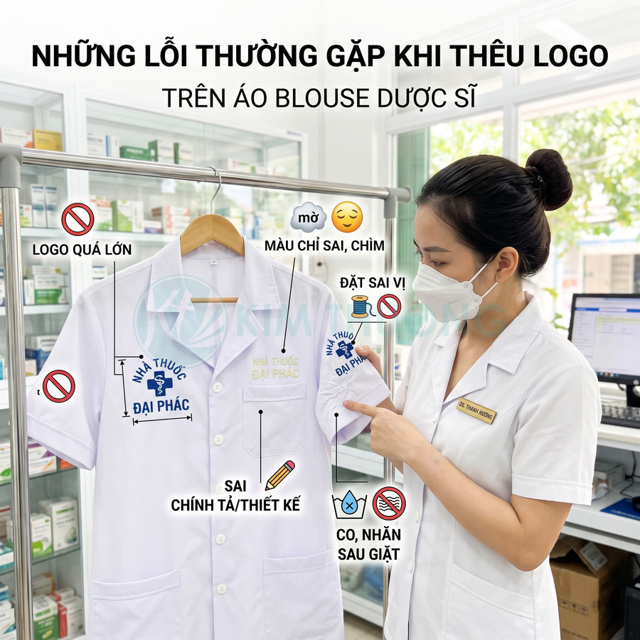 Dược sĩ chỉ vào áo blouse dược sĩ treo trên giá, minh họa các lỗi thường gặp khi thêu logo nhà thuốc
