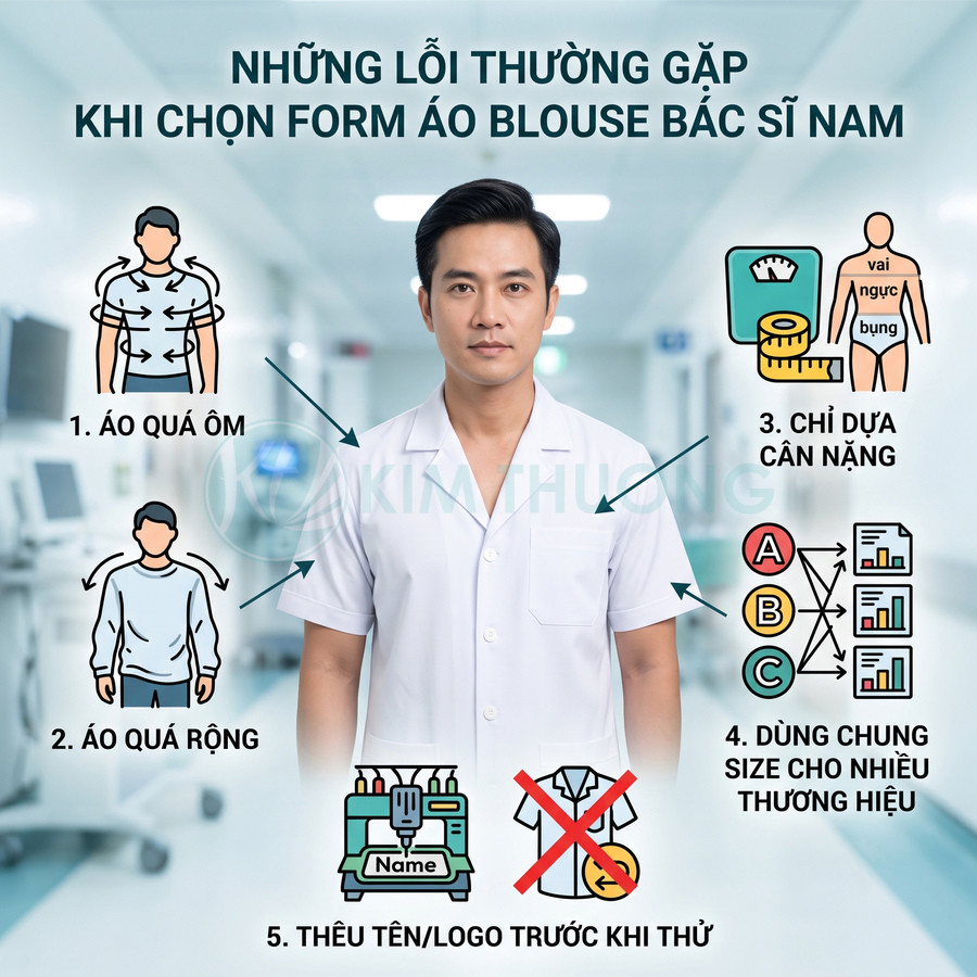 Bác sĩ nam mặc áo blouse trắng đứng giữa hành lang bệnh viện, minh họa các lỗi thường gặp khi chọn form áo blouse nam