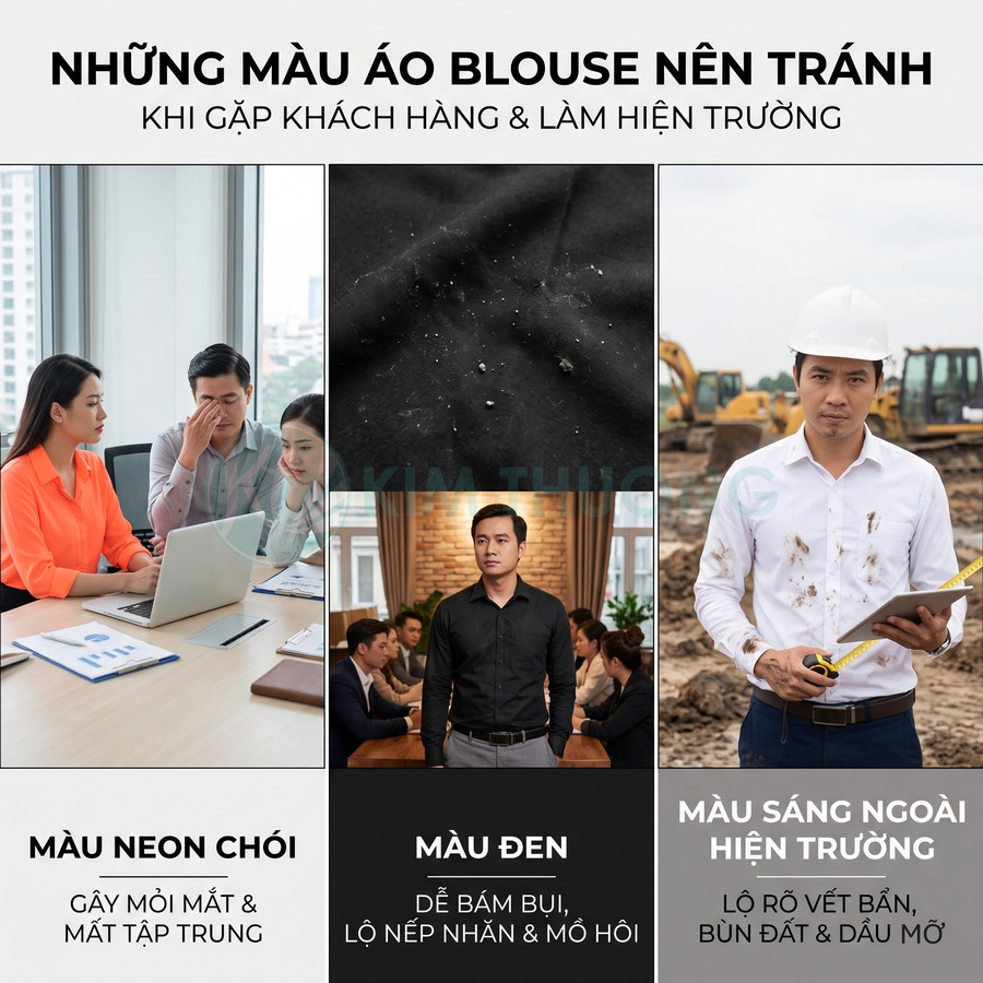 Các màu áo blouse nên tránh khi gặp khách hàng và làm hiện trường: neon chói, đen, trắng sáng dễ bám bẩn