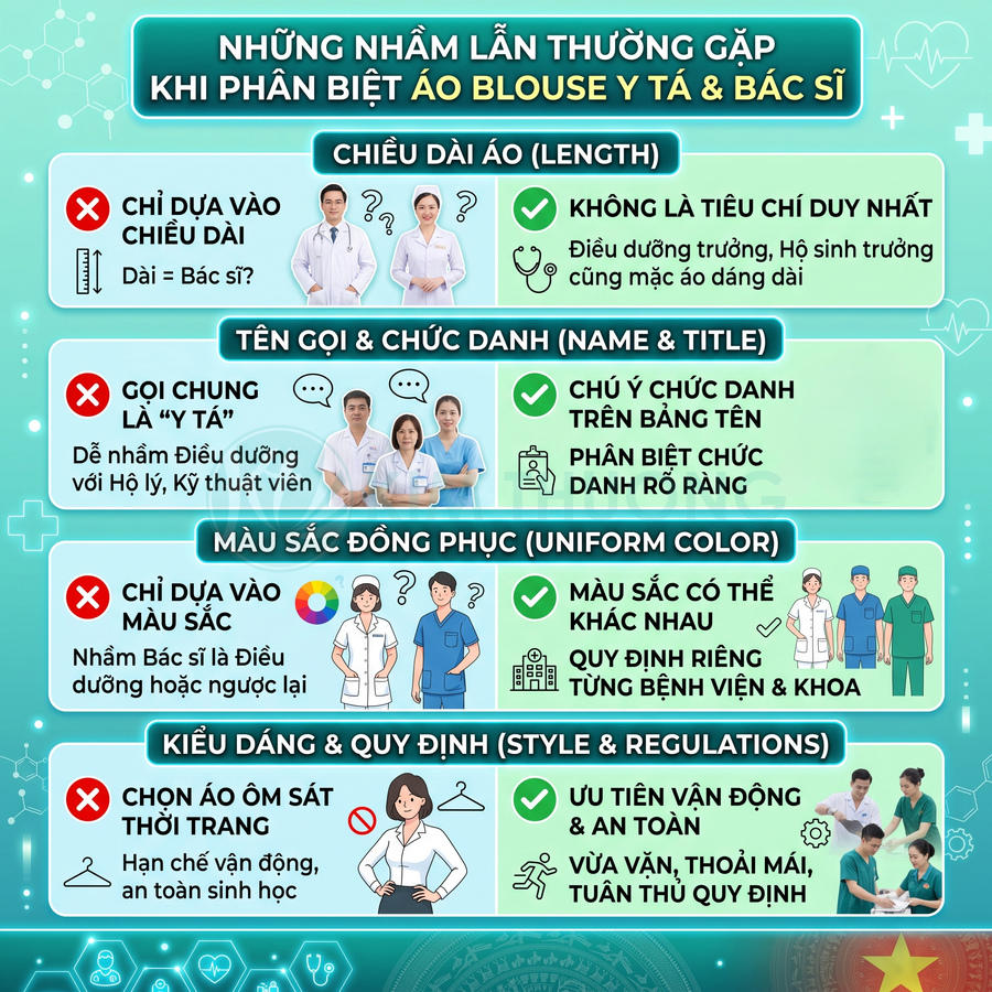 Infographic phân biệt áo blouse y tá và bác sĩ với hình minh họa nhân viên y tế và các tiêu chí nhận diện