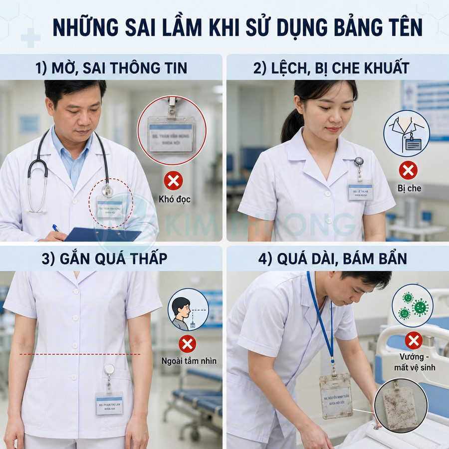 Các lỗi thường gặp khi đeo bảng tên nhân viên y tế như mờ thông tin, lệch, quá thấp, dây quá dài bẩn