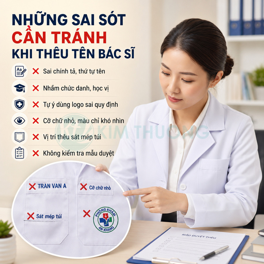 Bác sĩ mặc áo blouse trắng xem mẫu thêu tên và logo phòng khám trên túi áo, minh họa lỗi cần tránh