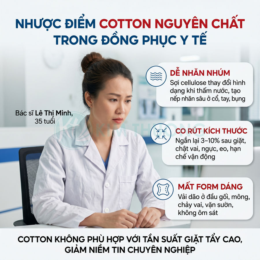 Bác sĩ nữ mặc áo blouse cotton trắng trong bệnh viện, minh họa nhược điểm đồng phục y tế cotton