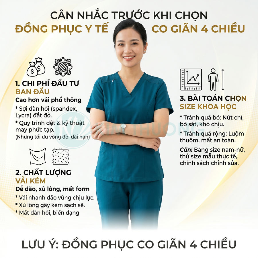 Nhân viên y tế mặc đồng phục co giãn 4 chiều màu xanh đang làm việc và kiểm tra áo tại hành lang bệnh viện