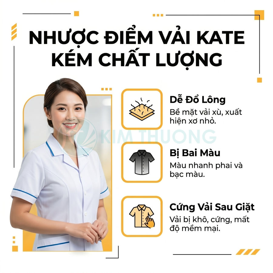 Nhân viên y tế mặc đồng phục blouse trắng, infographic nêu nhược điểm vải kate kém chất lượng