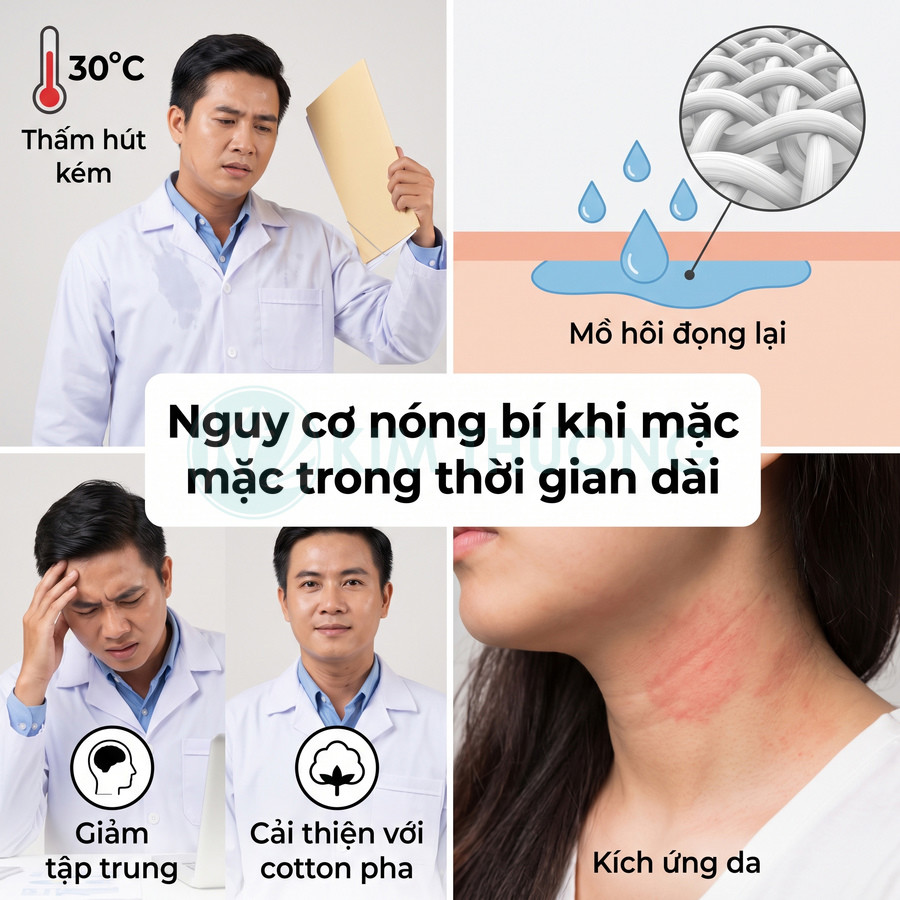 Vải kém thấm hút giữ mồ hôi, gây nóng bí và kích ứng da khi mặc lâu