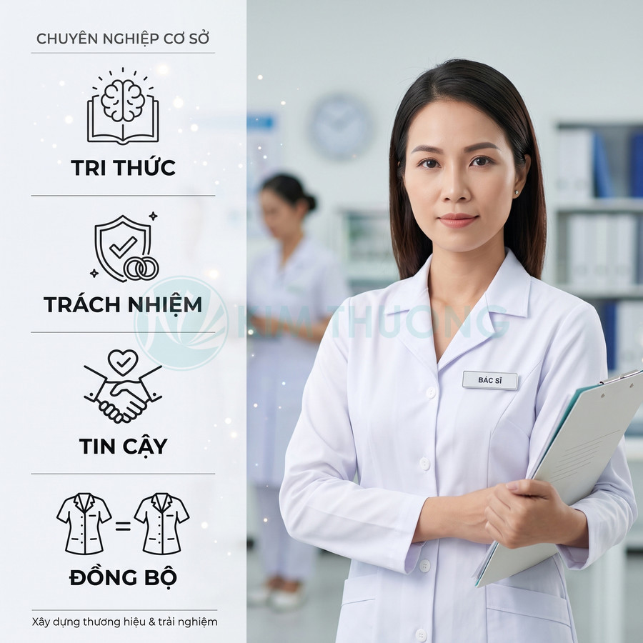Nữ bác sĩ mặc áo blouse trắng cầm hồ sơ, cạnh infographic về tri thức trách nhiệm tin cậy đồng bộ trong y tế