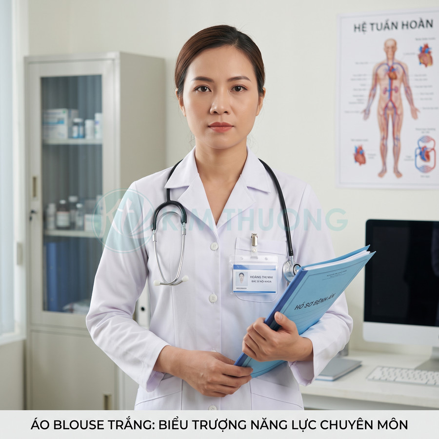 Bác sĩ nữ mặc áo blouse trắng đeo ống nghe, cầm hồ sơ bệnh án trong phòng khám hiện đại