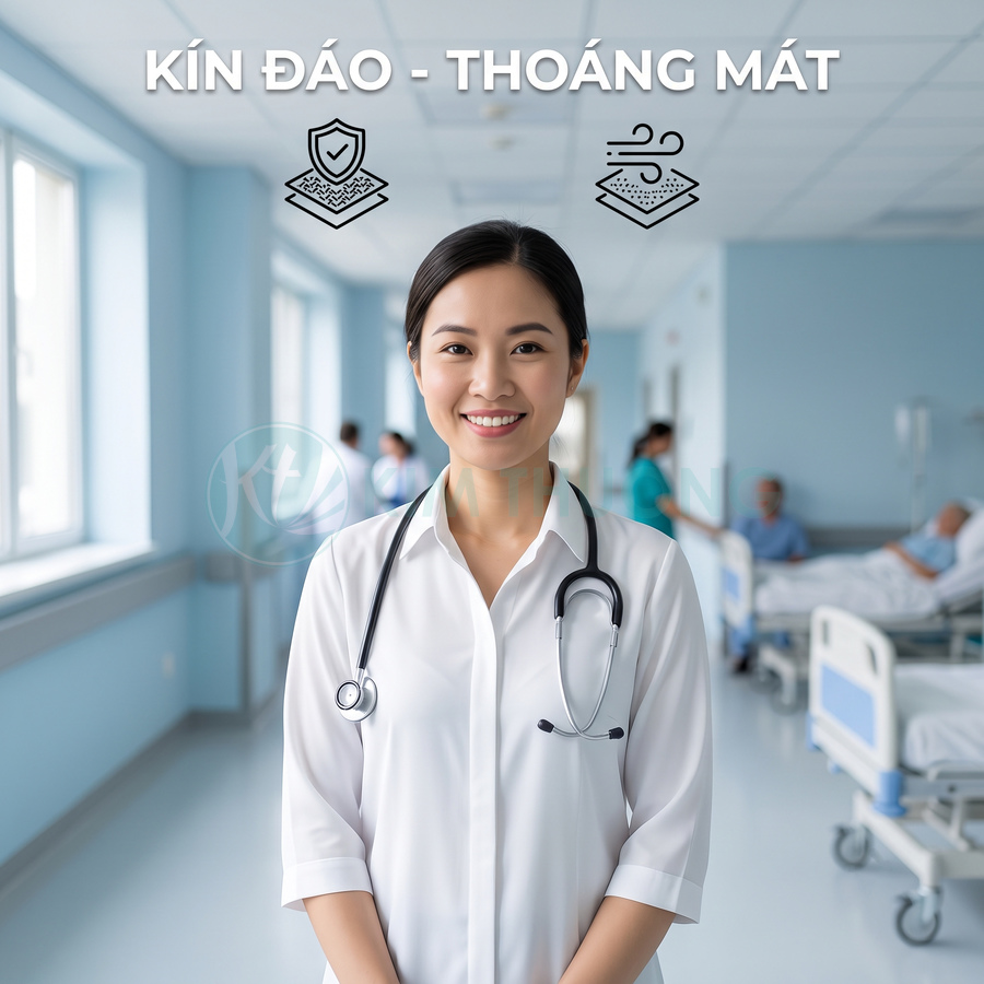 Áo blouse bác sĩ nữ trắng kín đáo thoáng mát trong bệnh viện, phù hợp nhân viên y tế