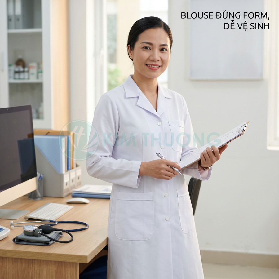 Áo blouse bác sĩ nữ màu trắng đứng form, dễ vệ sinh, phù hợp môi trường phòng khám hiện đại
