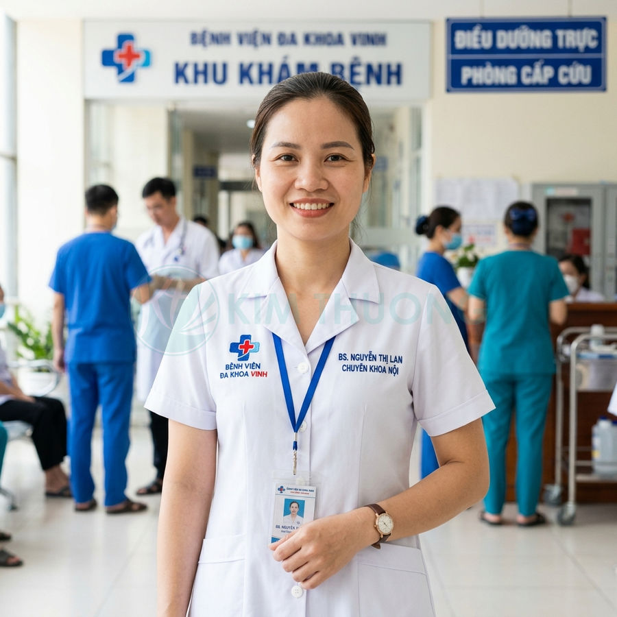 Nữ bác sĩ bệnh viện đa khoa Vinh mặc áo blouse trắng đứng tại khu khám bệnh