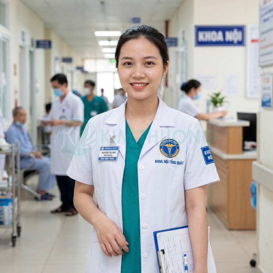 Nữ bác sĩ khoa nội tổng quát mỉm cười cầm hồ sơ bệnh án trong hành lang bệnh viện