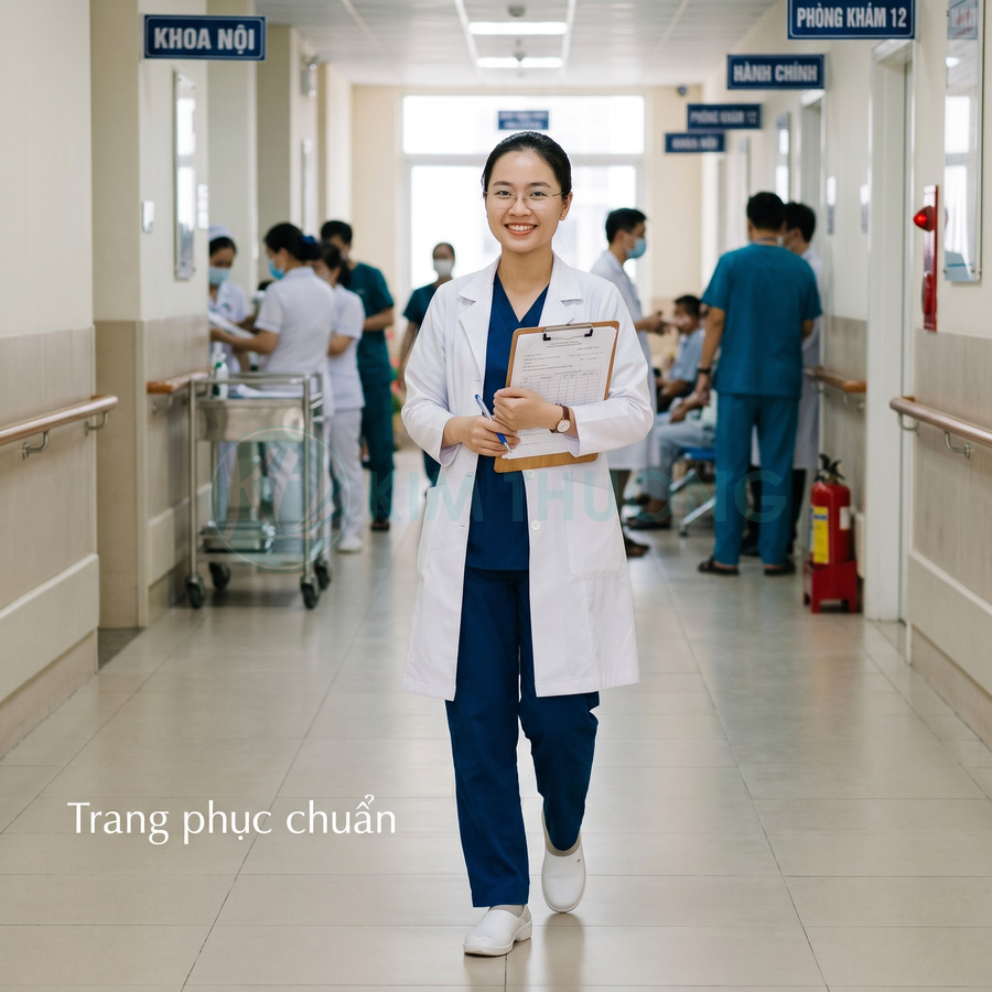 Bác sĩ nữ mặc đồng phục y tế trắng xanh cầm bảng hồ sơ đi trong hành lang bệnh viện