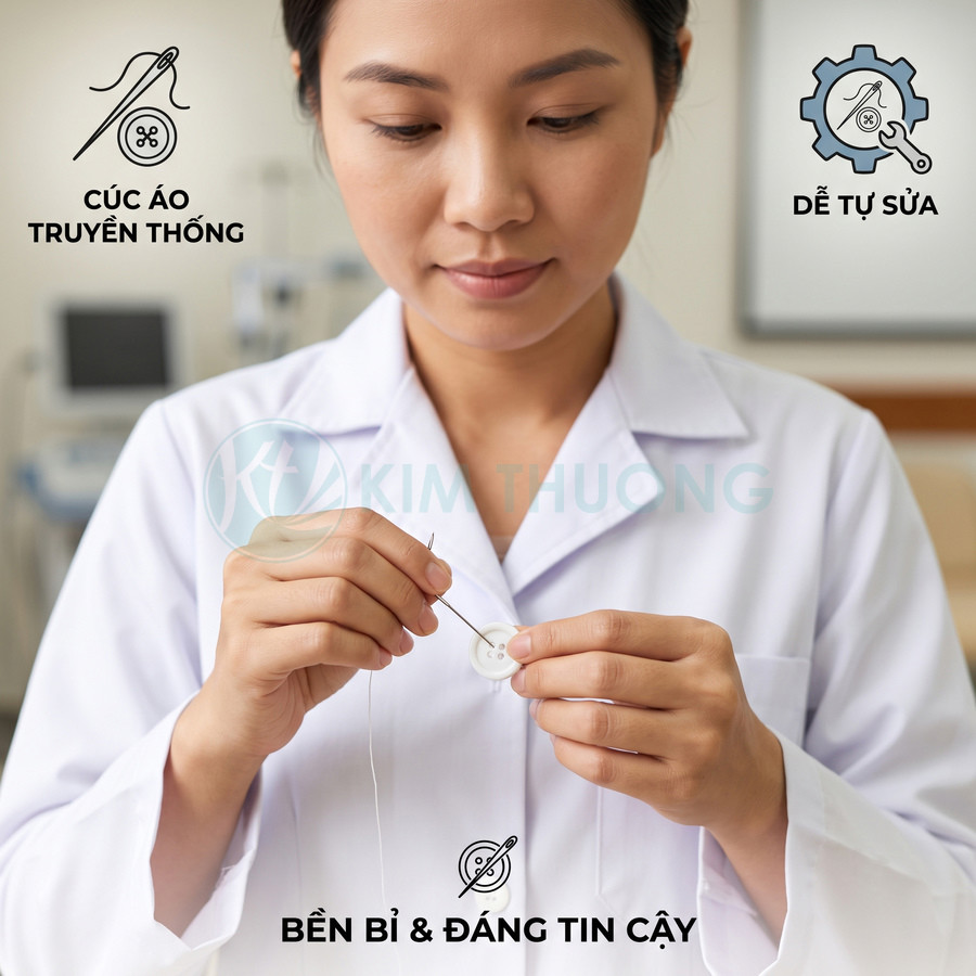 Nhân viên y tế mặc áo blouse trắng đang khâu lại cúc áo truyền thống bền bỉ dễ tự sửa