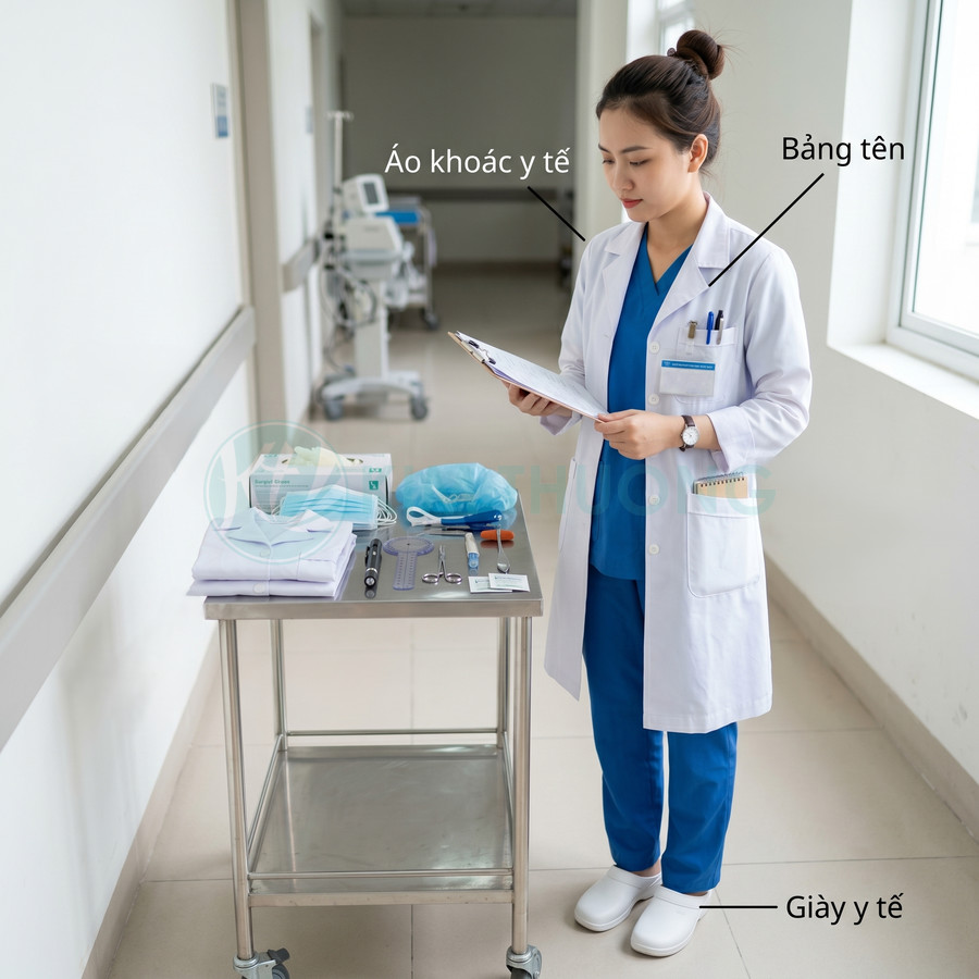 Bác sĩ mặc áo khoác y tế trắng, giày y tế đứng cạnh xe đẩy dụng cụ trong hành lang bệnh viện