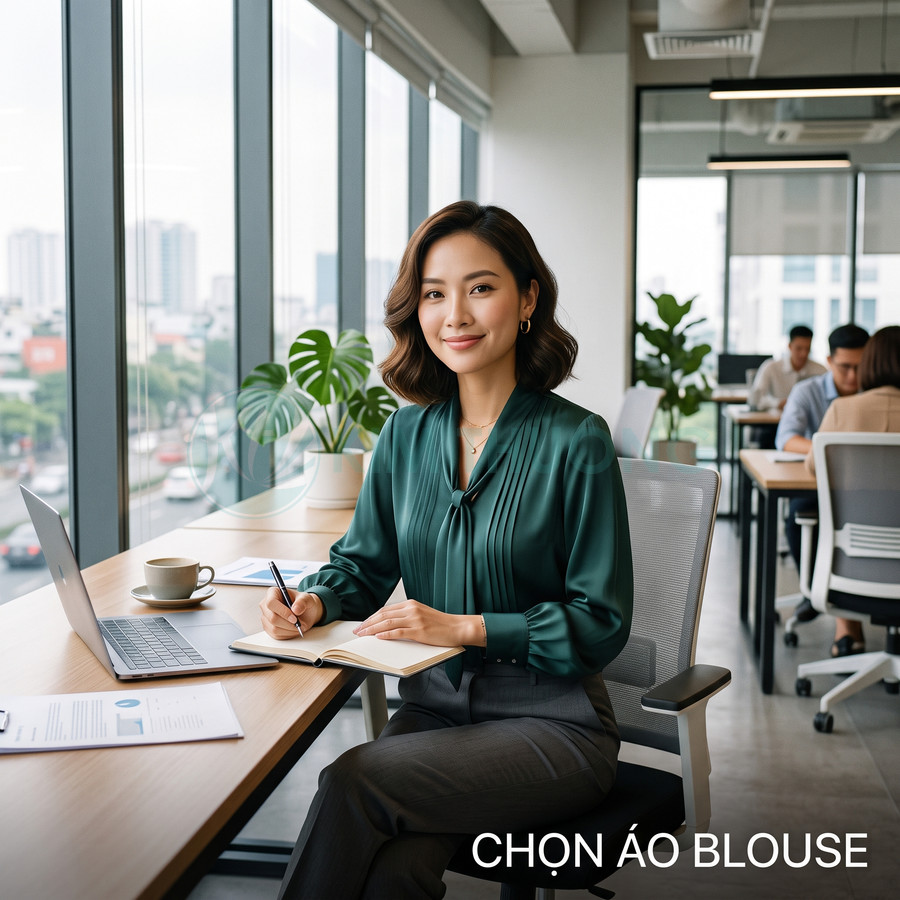 Nữ nhân viên văn phòng mặc áo blouse lụa xanh cổ nơ tay dài ngồi làm việc bên laptop