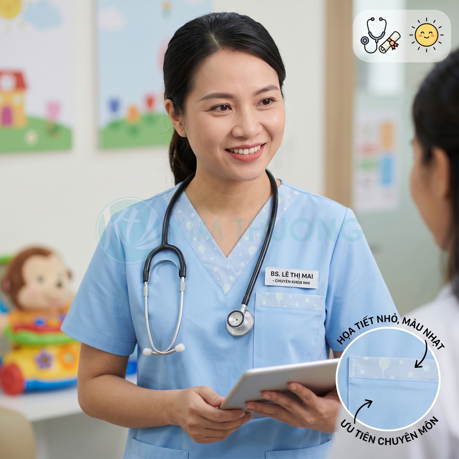 Đồng phục y tá màu xanh nhạt cổ tim họa tiết nhỏ, có túi trước và ống nghe đeo cổ trong phòng khám nhi