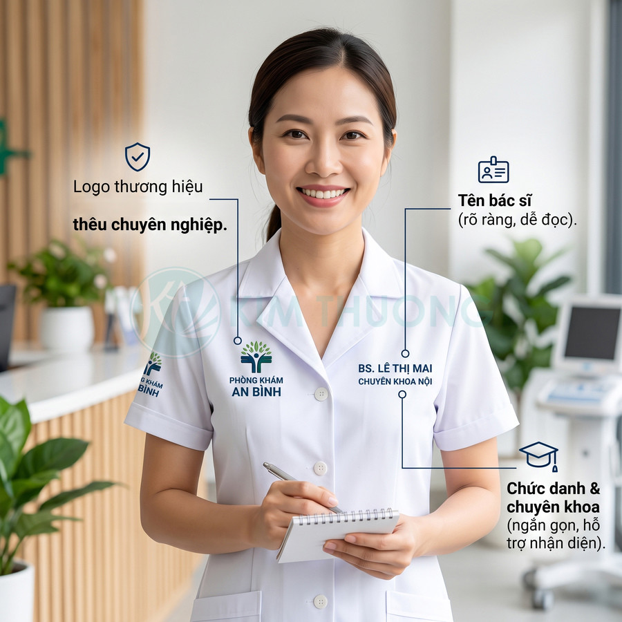 Nữ bác sĩ phòng khám An Bình mặc áo blouse thêu logo, bảng tên BS Lê Thị Mai chuyên khoa nội, cầm sổ ghi chép