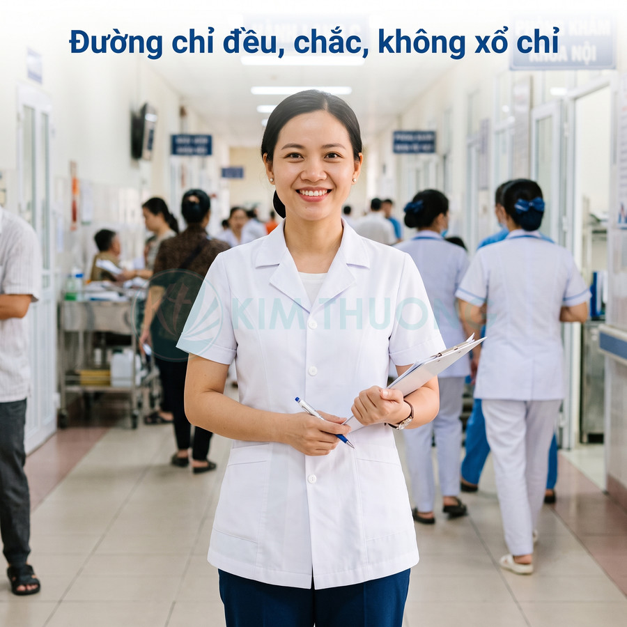 Đồng phục y tá bệnh viện Kim Thượng màu trắng đường chỉ đều chắc không xổ chỉ