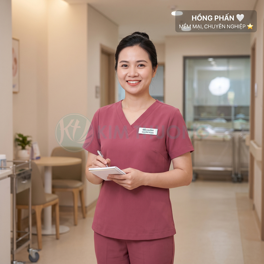Nữ y tá mặc đồng phục hồng phấn mềm mại chuyên nghiệp cầm sổ ghi chép trong hành lang bệnh viện