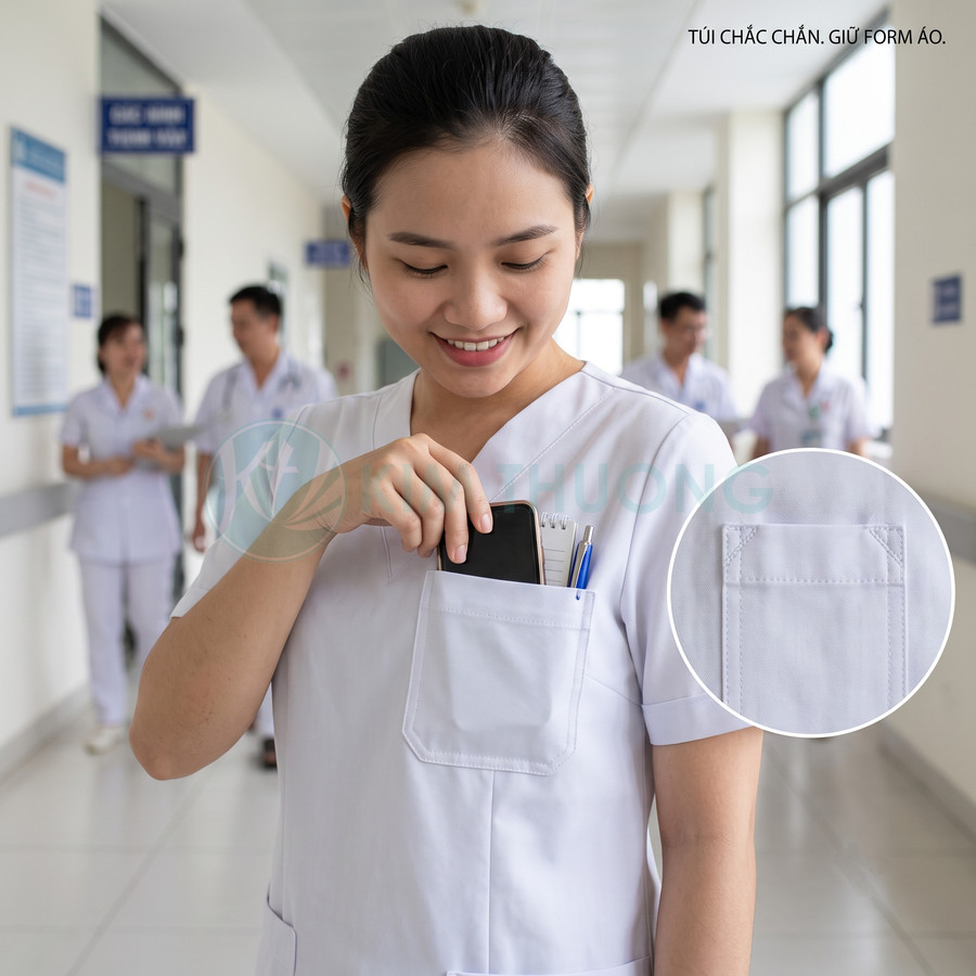 Đồng phục y tá màu trắng với túi ngực chắc chắn đựng điện thoại và bút trong bệnh viện