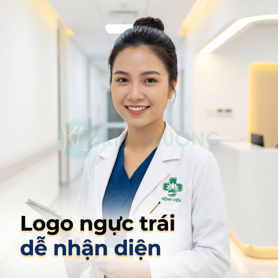 Bác sĩ nữ mặc áo blouse trắng có logo bệnh viện ở ngực trái, cầm máy tính bảng trong hành lang khám chữa bệnh