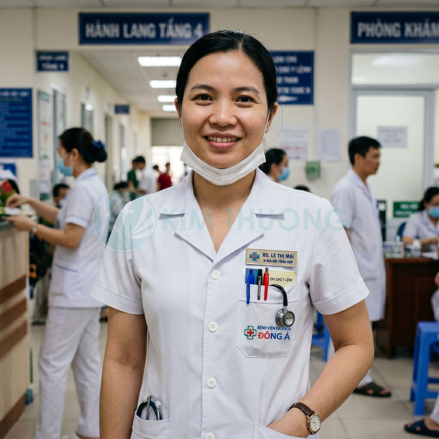 Nữ bác sĩ bệnh viện Đa khoa Đông Á mỉm cười trong hành lang khám chữa bệnh