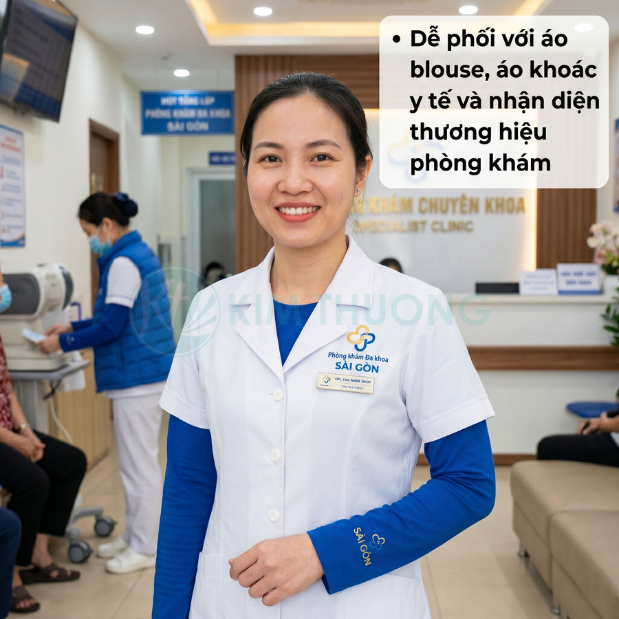 Nữ bác sĩ mặc áo blouse trắng thương hiệu Phòng khám Đa khoa Sài Gòn, bên trong áo thun xanh, đứng tại quầy tiếp nhận