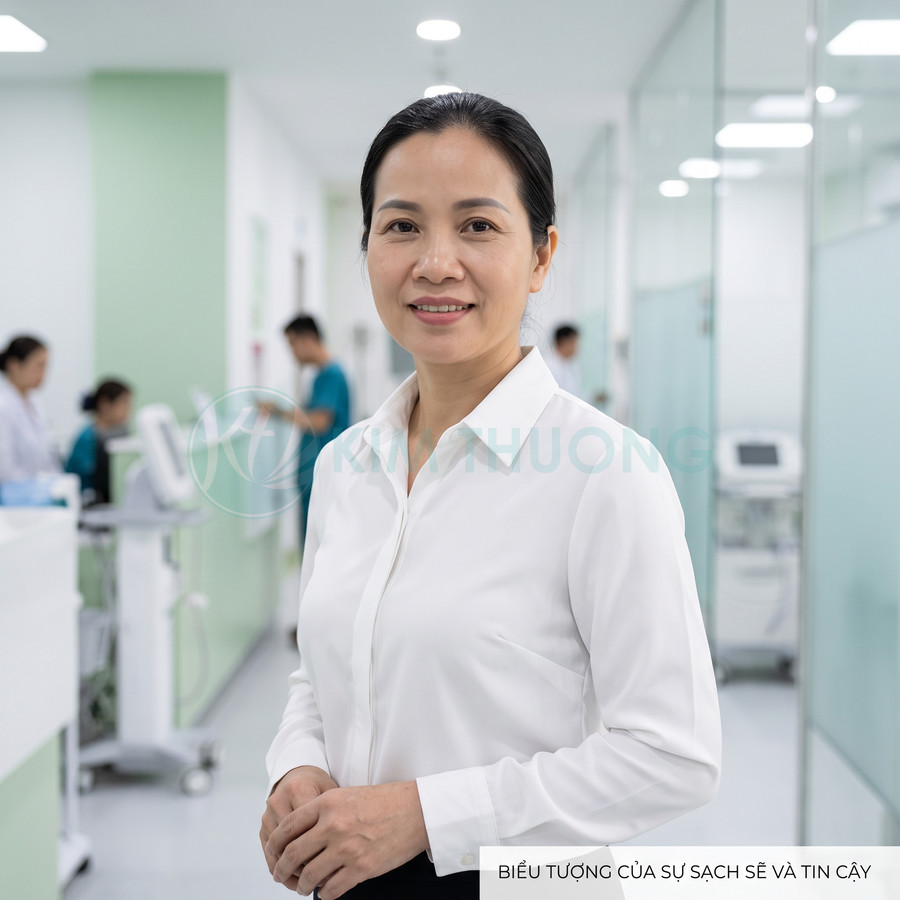 Nữ bác sĩ trung niên mỉm cười trong phòng khám hiện đại sạch sẽ, nhân viên y tế làm việc phía sau