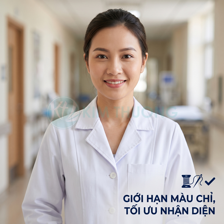 Áo blouse bác sĩ nữ màu trắng Kim Thương trong hành lang bệnh viện, tối ưu nhận diện thương hiệu