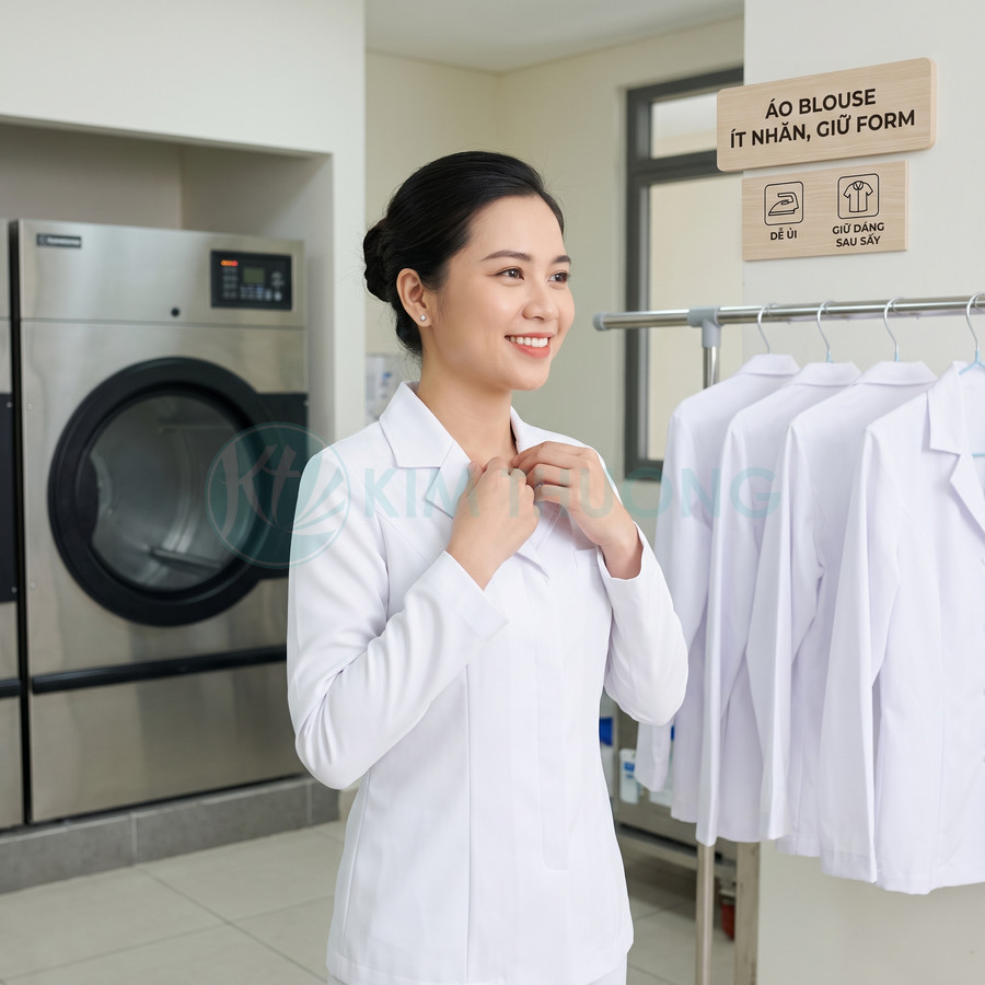 Nữ nhân viên mặc áo blouse trắng ít nhăn giữ form, đứng cạnh giá treo nhiều áo blouse cùng loại