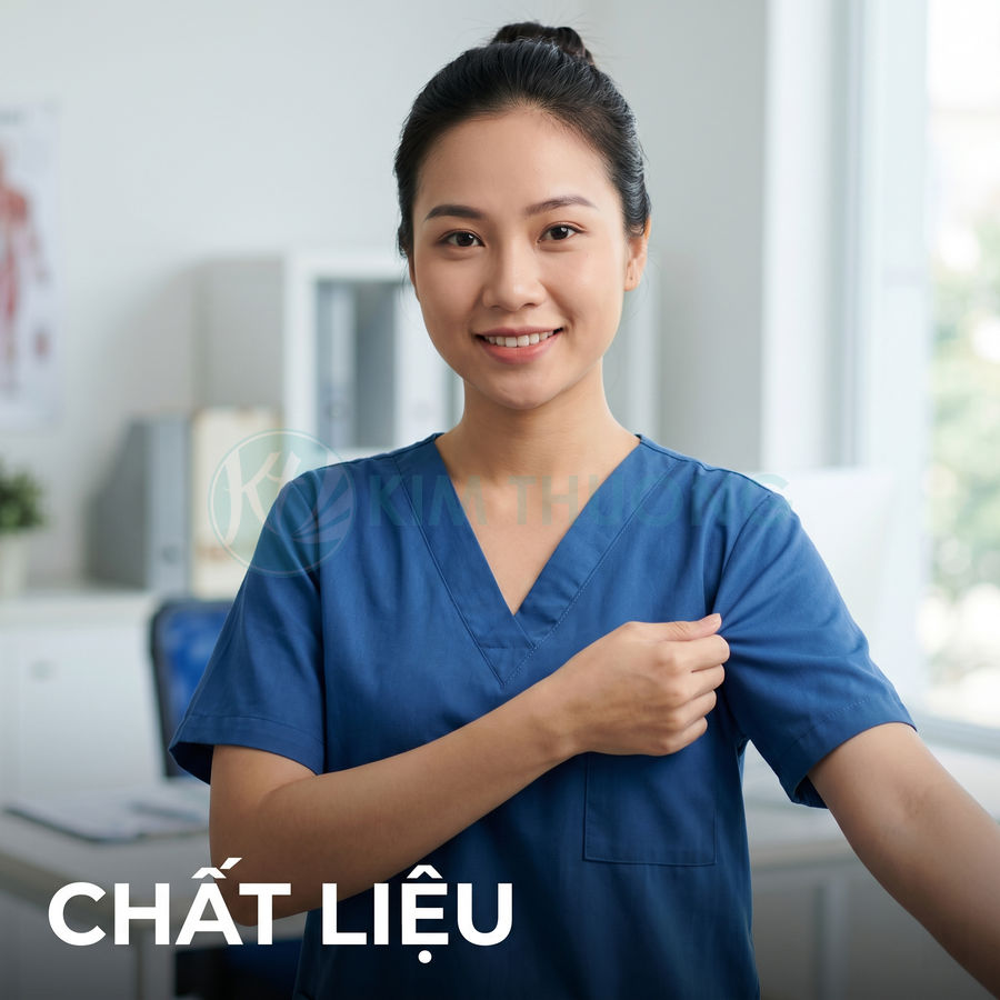 Nữ y tá mặc đồng phục y tế màu xanh dương mỉm cười trong phòng khám sáng sủa