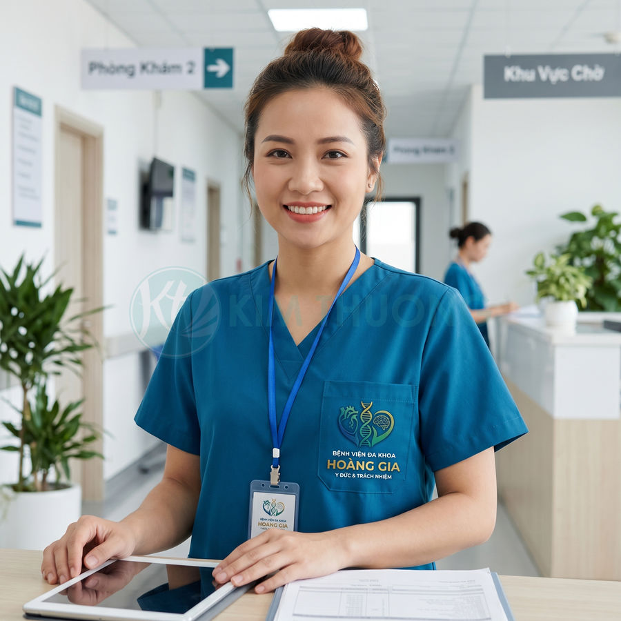 Nữ điều dưỡng bệnh viện đa khoa Hoàng Gia mặc đồng phục xanh, đeo thẻ tên, làm việc tại quầy tiếp nhận